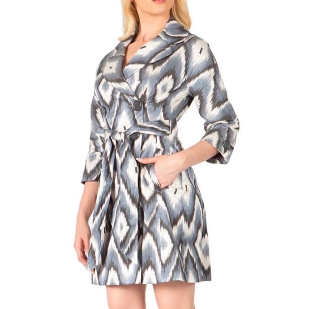 Vertigo Paris Blue Gray Ikat chevron zigzag print trench coat belted jacket M